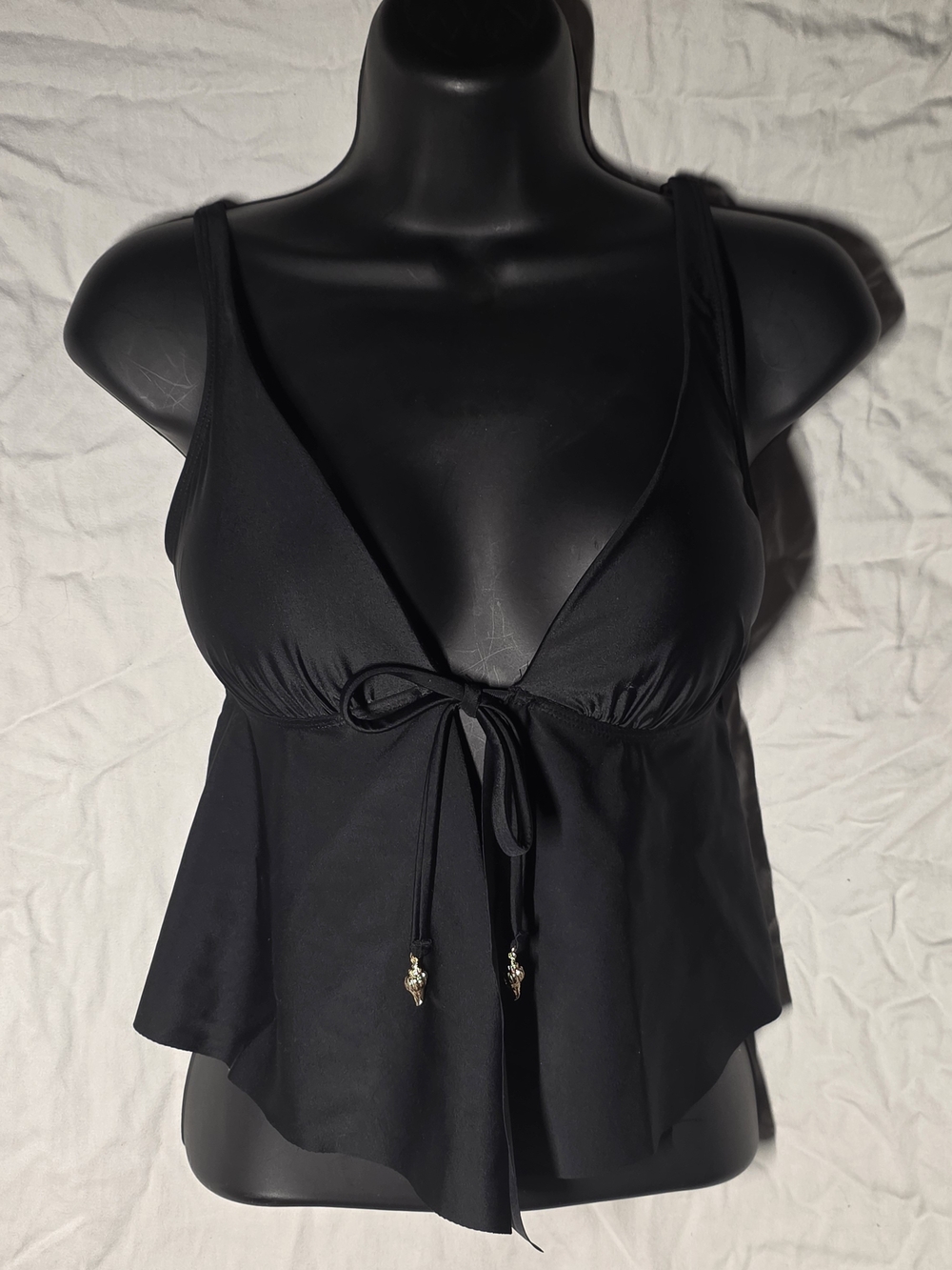 Bar III Black Halter Tankini Swim Top Deep V-Neck Front Tie Closure Gold Shells